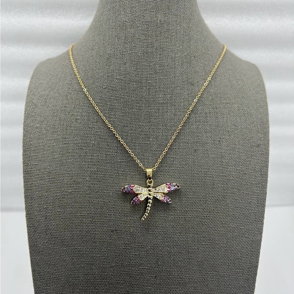 Gold plated dragonfly necklace with studs - Picture 2 of 4